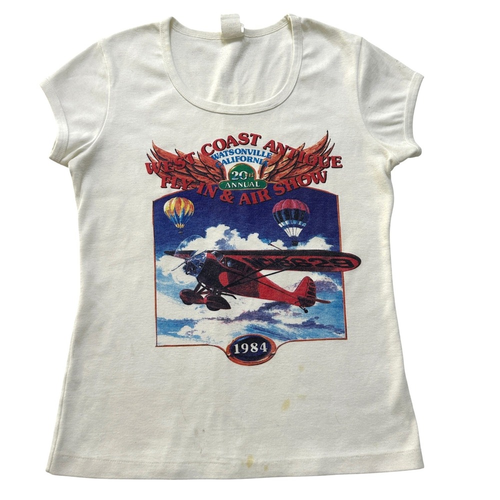 VTG 1984 Wes Coast Fly In T Shirt 80s Cap Sleeve Baby Tee Thrashed Biplane Retro